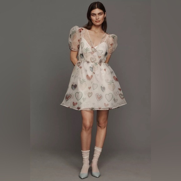 FARM Rio Dresses & Skirts - Farm Rio X Anthropologie Semi Sheer Puff Sleeve Mini Dress NWT Size XS Hearts